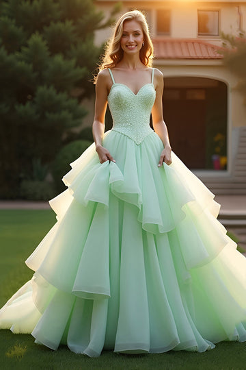 Sparkly Green Ball Gown Ruffled Tiered Beaded Long Formal Dress